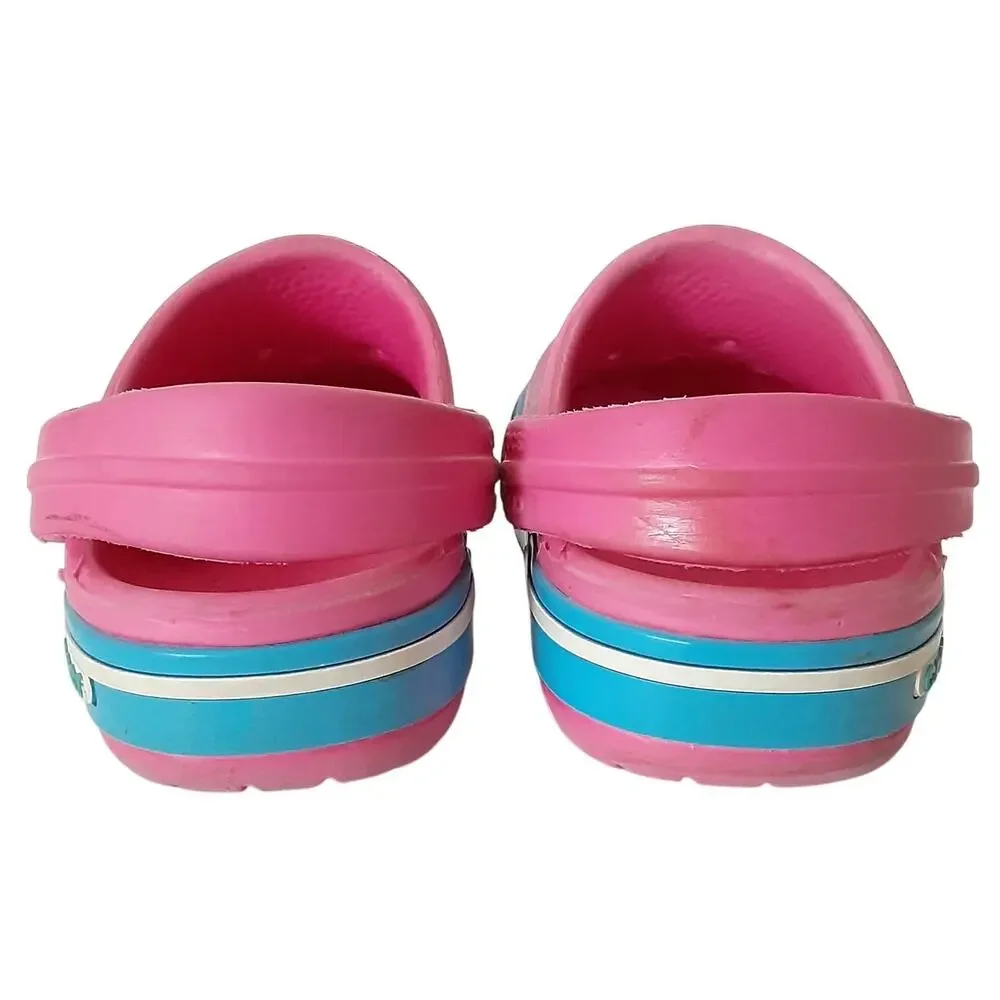 Crocs Crocband Clogs Toddler 4/5 Hot Pink Blue Stripe Retro Water Shoes Summer